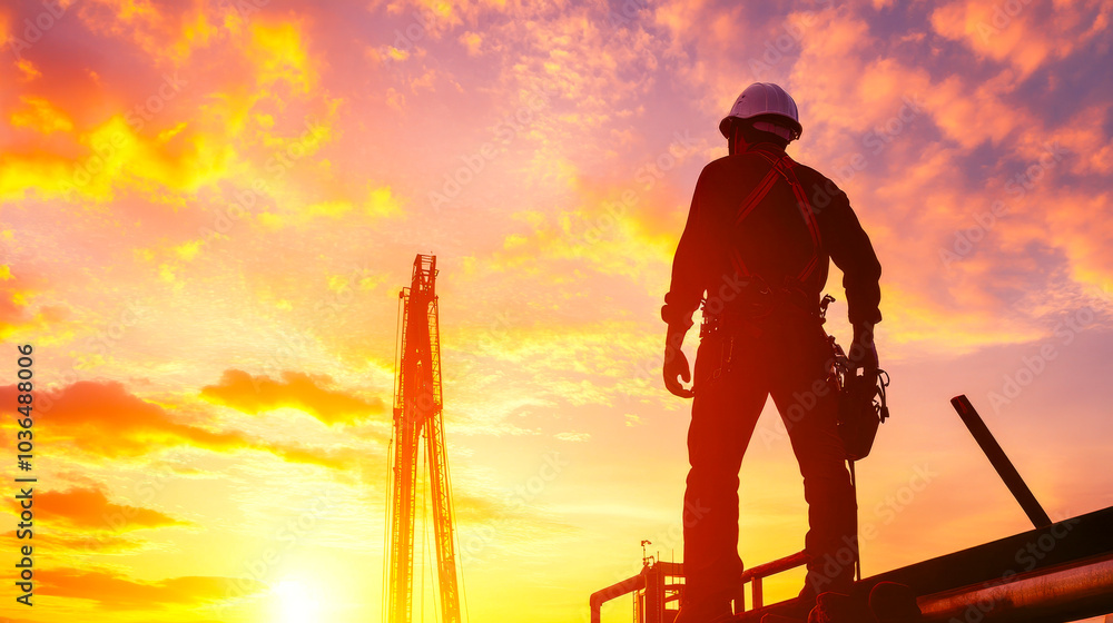 Sunset Silhouette of an Oil Worker: A lone worker stands silhouetted against a vibrant sunset, showcasing the dedication and resilience of the oil and gas industry. Sunset Silhouette of an Oil Worker: A lone worker stands silhouetted against a vibrant sunset, showcasing the dedication and resilience of the oil and gas industry.
