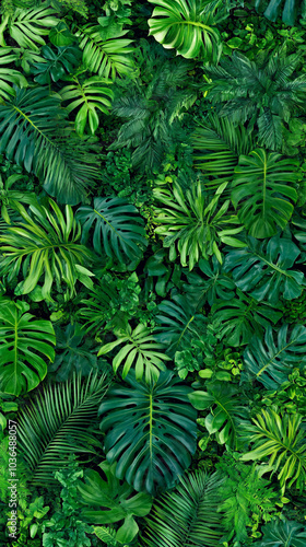 closeup nature view of green leaf and palms background. Flat lay, dark nature concept, tropical leaf 