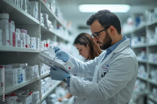 Pharmacists checking inventory at hospital pharmacy, Generative AI