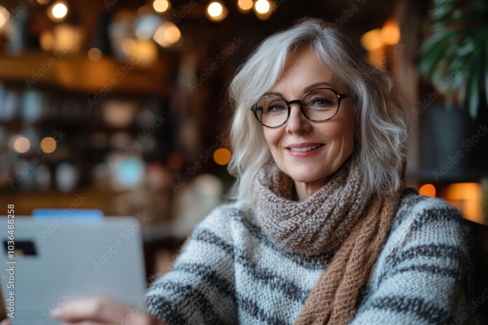 Happy mature woman shopping online with a credit card, Generative AI Happy mature woman shopping online with a credit card, Generative AI