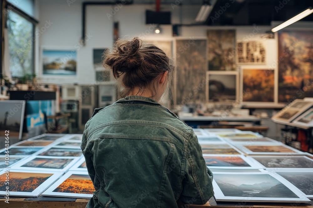 Photographer looking at prints in studio, Generative AI