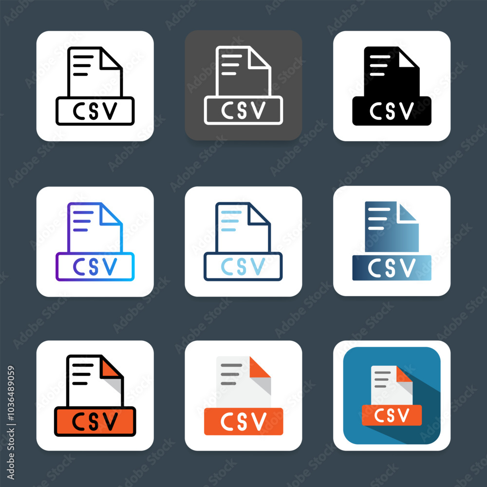 Set of csv file format icons for various document types, extensions, file types and spreadsheets. Set of csv file format icons for various document types, extensions, file types and spreadsheets.