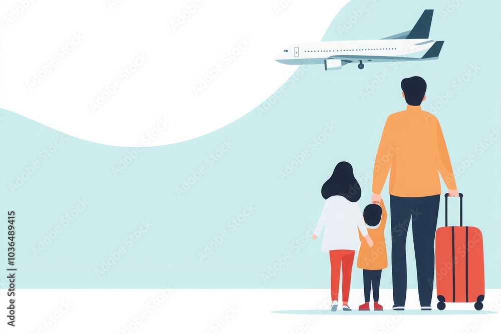 Naklejka premium A family stands together with luggage, watching an airplane in the sky, symbolizing travel, adventure, and togetherness.