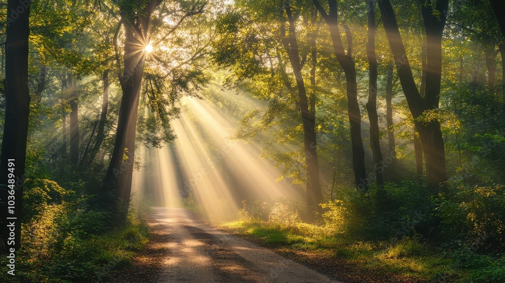 Forest Road Illuminated by Sunrays Forest Road Illuminated by Sunrays