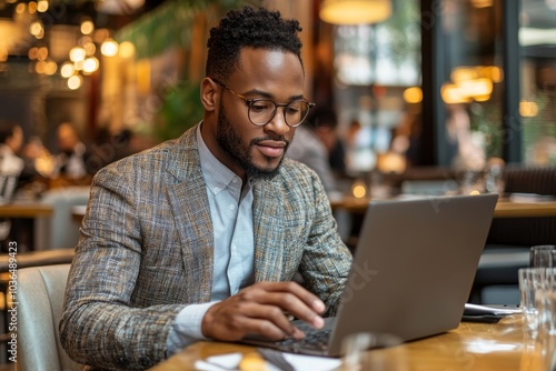 Man sitting in a restaurant using laptop, Generative AI