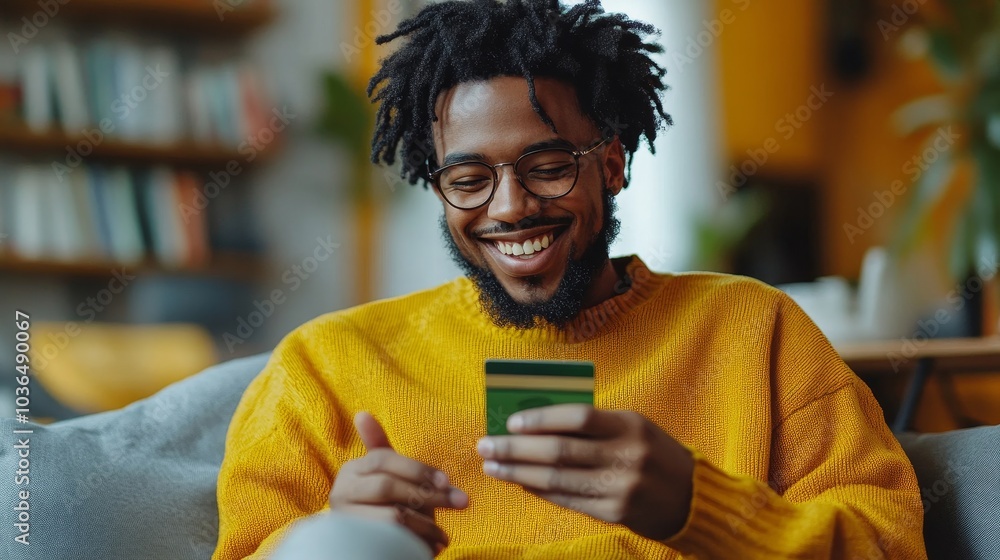 Happy young man using a green credit card for online shopping on his mobile phone, Generative AI