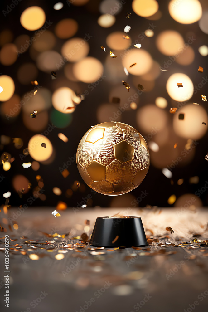 Fototapeta premium Golden soccer ball trophy on a blurred festive background with sparkling confetti.