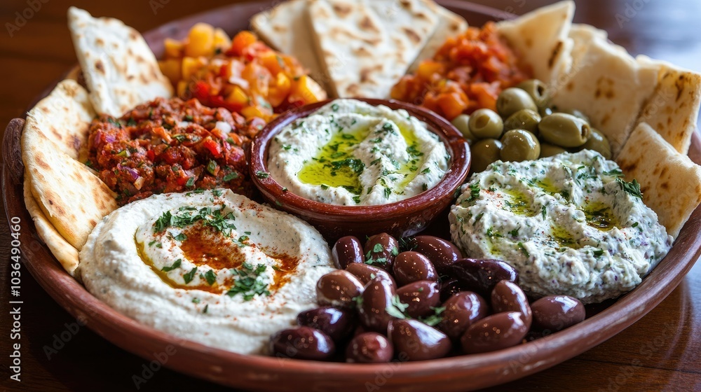 A vibrant Greek mezze platter featuring hummus, tzatziki, olives, and pita bread. A vibrant Greek mezze platter featuring hummus, tzatziki, olives, and pita bread.
