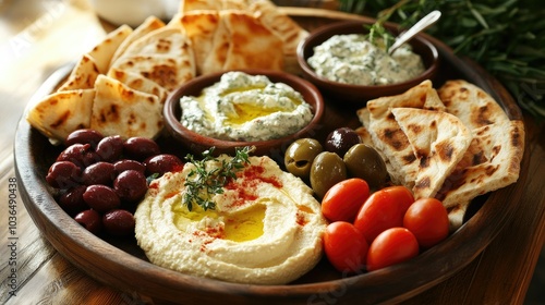 A vibrant Greek mezze platter featuring hummus, tzatziki, olives, and pita bread.