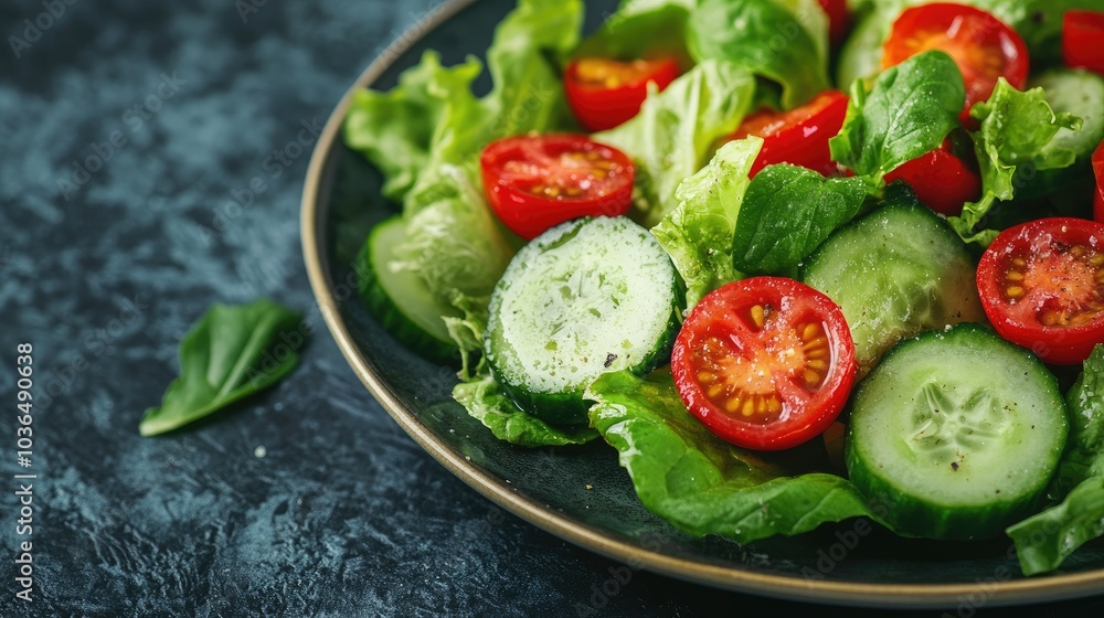 A vibrant plate of fresh garden salad with lettuce, cherry tomatoes, cucumbers, and a light vinaigrette dressing. A vibrant plate of fresh garden salad with lettuce, cherry tomatoes, cucumbers, and a light vinaigrette dressing.