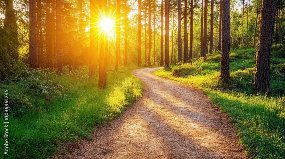 Obraz premium A winding dirt path leads through a lush forest towards a radiant sunset.