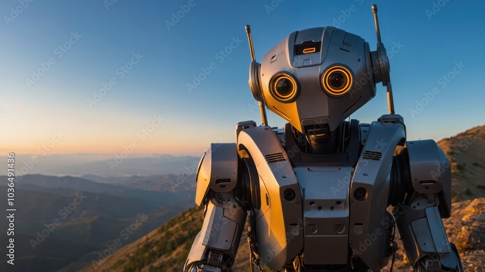 A Robot Standing on a Mountain Peak, Gazing at the Expansive Landscape Below. The Scene Captures a Moment of Reflection and Awe, Showcasing the Harmony Between Technology and Nature. A Robot Standing on a Mountain Peak, Gazing at the Expansive Landscape Below. The Scene Captures a Moment of Reflection and Awe, Showcasing the Harmony Between Technology and Nature.
