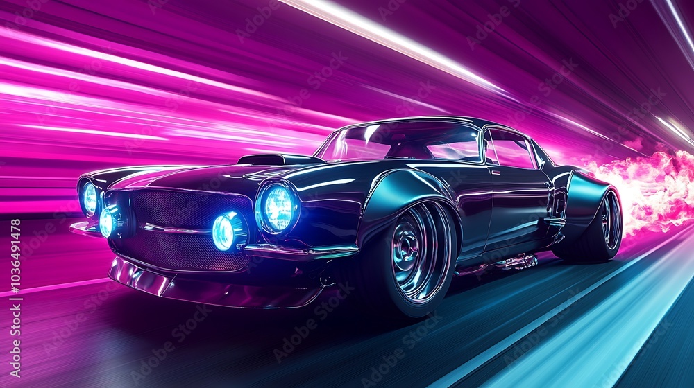 Classic Car Speeding Through Neon Lights Classic Car Speeding Through Neon Lights