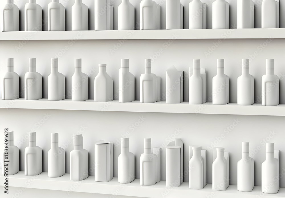 Minimalist 3D Render of White Shelves with Bottles Minimalist 3D Render of White Shelves with Bottles