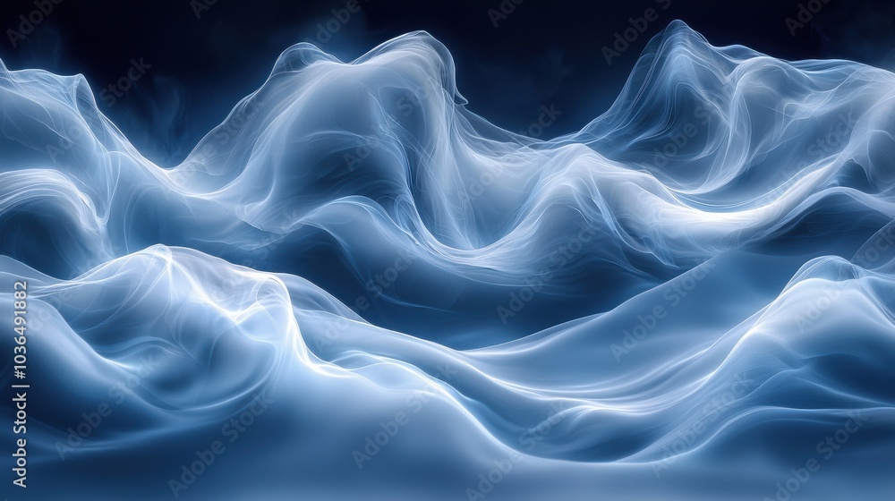 Fototapeta premium Soft blue waves of mist undulate in a serene atmosphere, creating a tranquil backdrop reminiscent of a calm ocean beneath moonlight
