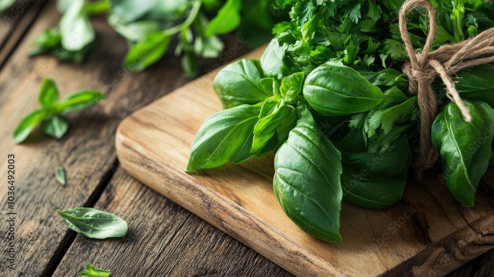 Close-up of fresh basil and cilantro leaves tied together with twine, lying on a wooden cutting board. Close-up of fresh basil and cilantro leaves tied together with twine, lying on a wooden cutting board.