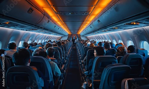 Interior view of an airplane cabin filled with passengers.