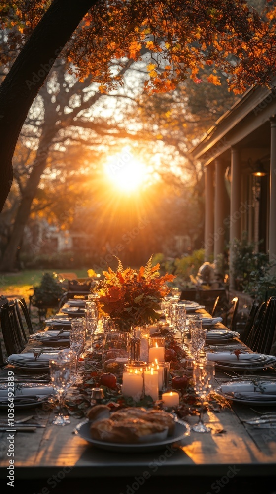 Autumnal Outdoor Table Setting with Candles and Fall Foliage Illustration Autumnal Outdoor Table Setting with Candles and Fall Foliage Illustration