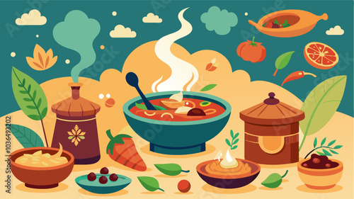 The aroma of various cultural dishes wafting through the air from fragrant curries to savory stews.. Vector illustration