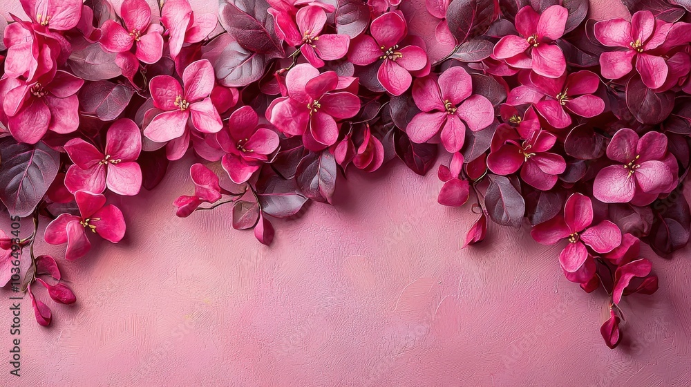 Pink blossoms with deep green leaves create a vibrant backdrop for spring decorations Pink blossoms with deep green leaves create a vibrant backdrop for spring decorations