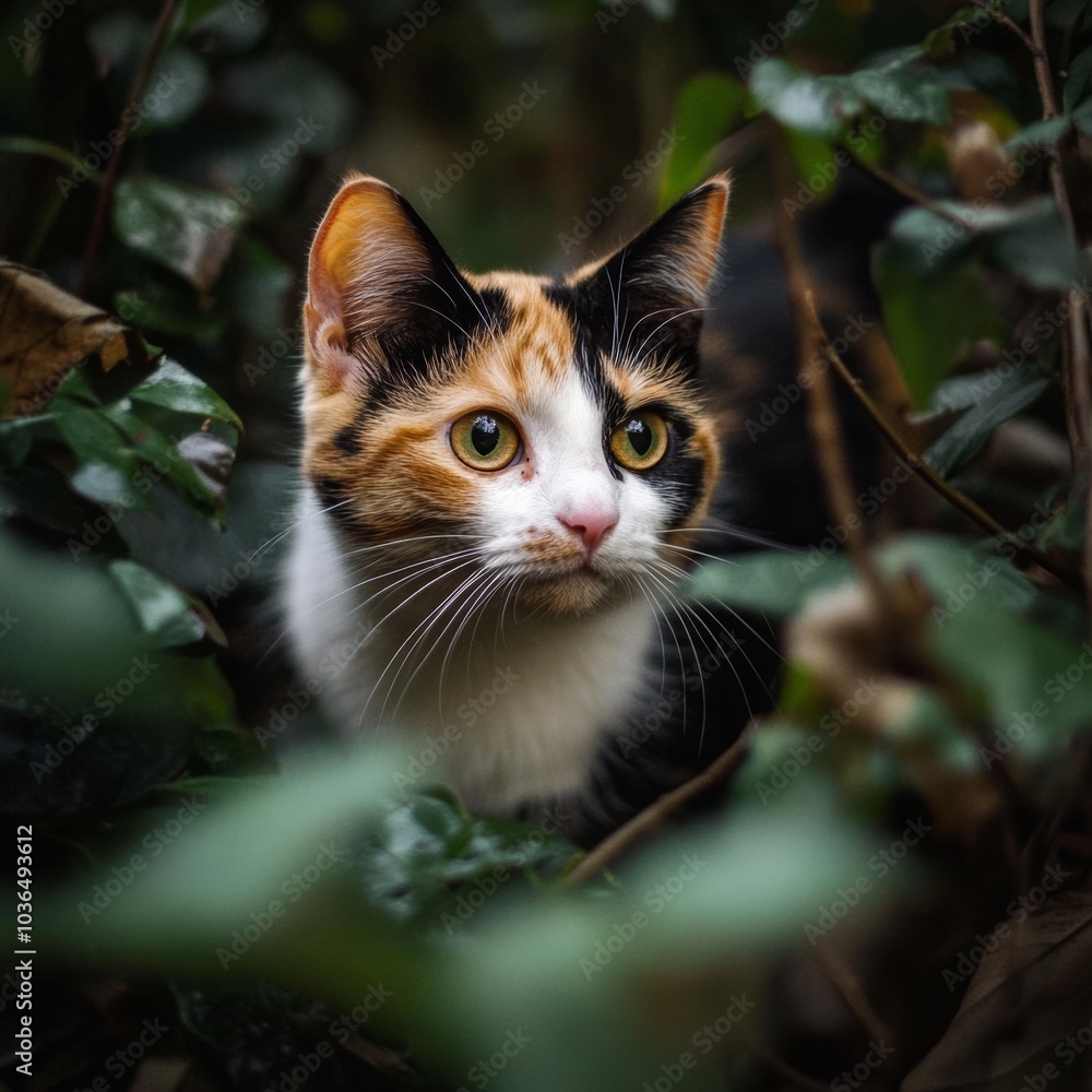 A charming young calico cat playfully exploring its surroundings, its bright fur and curious expression creating a lively scene A charming young calico cat playfully exploring its surroundings, its bright fur and curious expression creating a lively scene