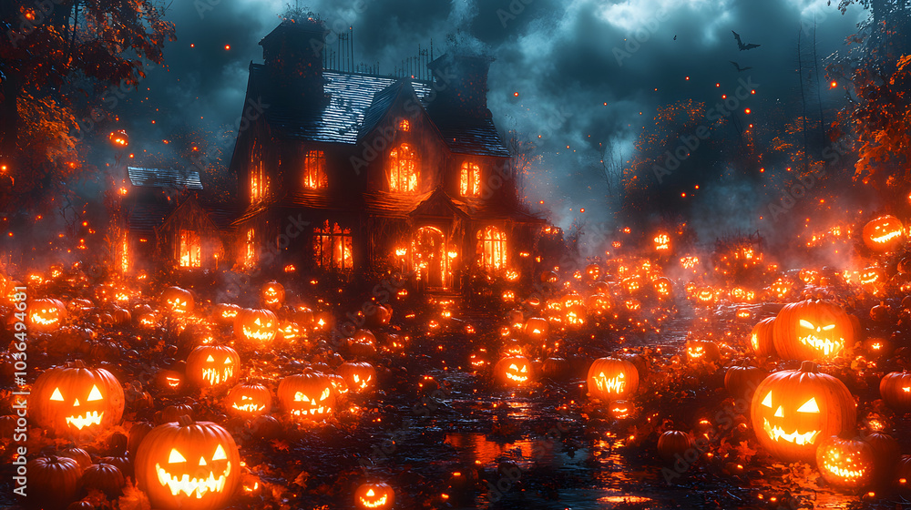 A Haunted House in the Woods Surrounded by Pumpkins on a Foggy Night – Perfect Spooky Atmosphere for Halloween-Themed Visuals and Decor.
A Haunted House in the Woods Surrounded by Pumpkins on a Foggy Night – Perfect Spooky Atmosphere for Halloween-Themed Visuals and Decor.
