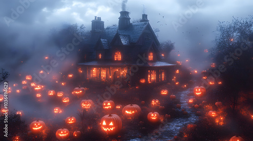 A Haunted House in the Woods Surrounded by Pumpkins on a Foggy Night – Perfect Spooky Atmosphere for Halloween-Themed Visuals and Decor. 