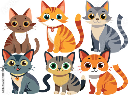 Six Adorable Cartoon Cats with Different Colors