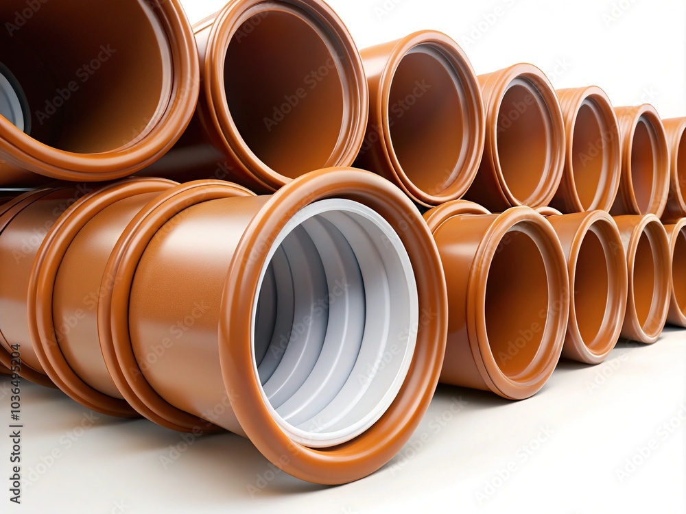 Brown Plastic Sewer Pipes with Seal on White Background Brown Plastic Sewer Pipes with Seal on White Background