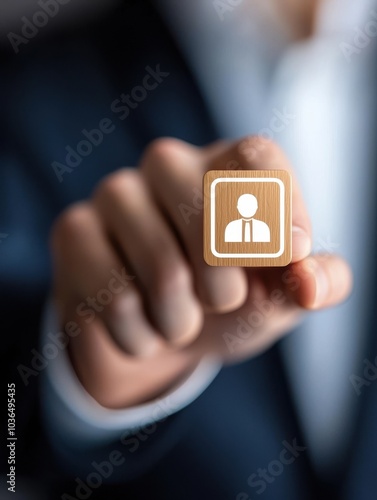 A professional individual holds a wooden block with a person icon, symbolizing networking, identity, or business connections.