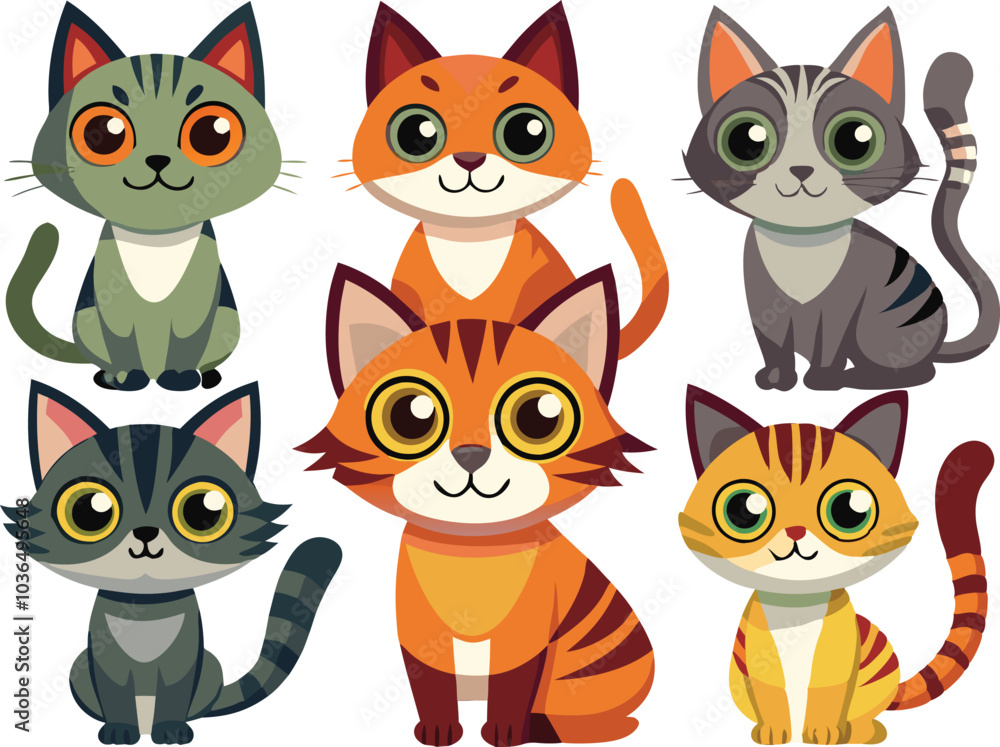 Six Adorable Cartoon Cats Sitting Together Six Adorable Cartoon Cats Sitting Together