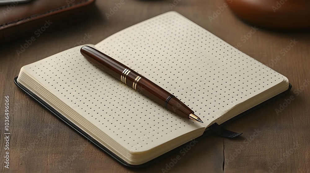 Open blank notebook with a modern minimalist background and pen Open blank notebook with a modern minimalist background and pen