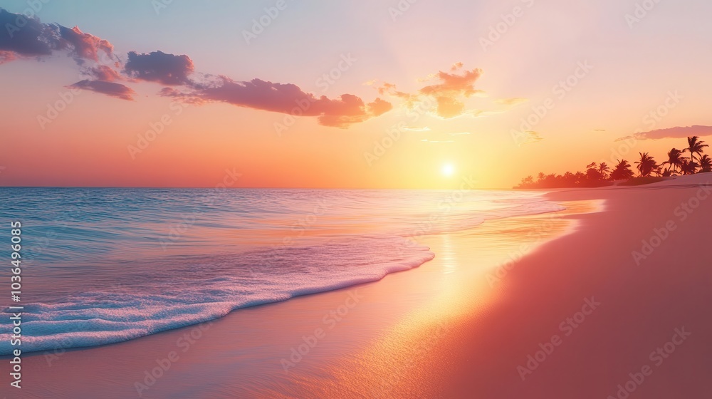 Serene sunset over a tranquil beach, Nature, Peace Serene sunset over a tranquil beach, Nature, Peace