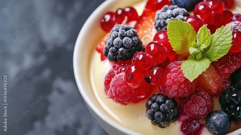 Berry ice cream and creme brulee close up Collection of berries on top Berry ice cream and creme brulee close up Collection of berries on top