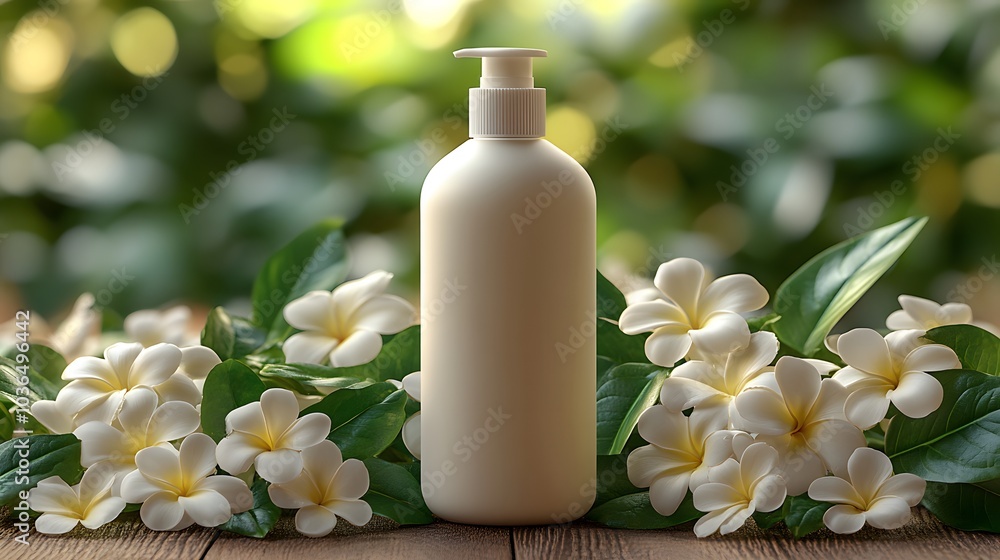Clean shampoo bottle mockup with a tropical background and fresh flowers Clean shampoo bottle mockup with a tropical background and fresh flowers