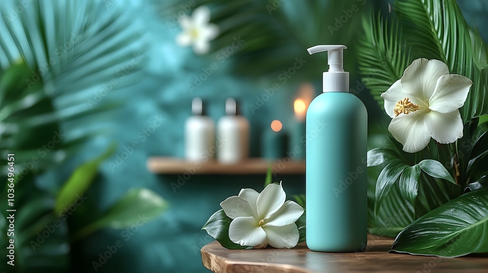 Clean shampoo bottle mockup with a tropical background and fresh flowers Clean shampoo bottle mockup with a tropical background and fresh flowers
