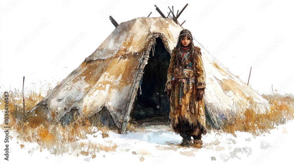 Brown watercolor painting of Siberian Nenets girl in nomadic camp Brown watercolor painting of Siberian Nenets girl in nomadic camp