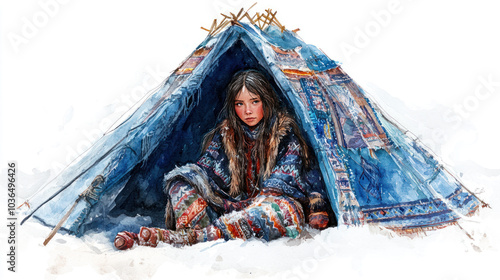 Blue watercolor painting of Siberian Nenets girl in nomadic camp photo