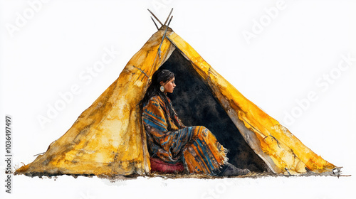 Yellow watercolor painting of Siberian Nenets girl in nomadic camp photo