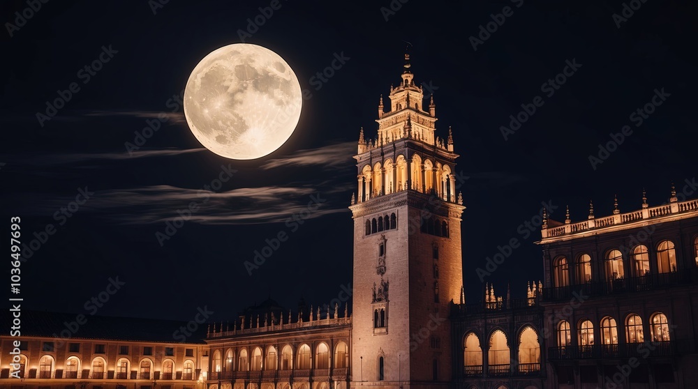 Naklejka premium A majestic nocturne scene of Seville's Giralda Tower, the ancient Moorish-inspired bell tower, standing tall and proud, bathed in the soft
