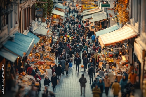 High-angle shot of a crowded market street, Urban, Culture photo