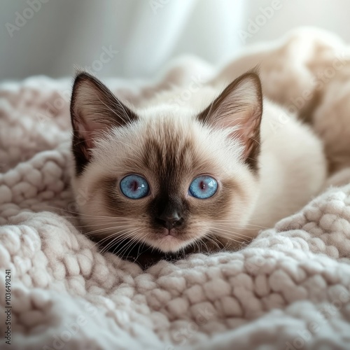 A cute, playful Siamese kitten resting on a soft pastel blanket, its striking blue eyes gazing playfully at the camera, highlighting its affectionate nature photo