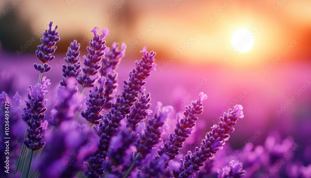 Naklejka premium Purple lavender flowers in a field. This photo showcases the beauty and serenity of nature.