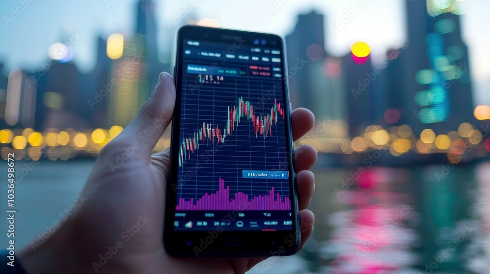 A hand holding a smartphone displaying a stock market graph with a cityscape in the background. A hand holding a smartphone displaying a stock market graph with a cityscape in the background.
