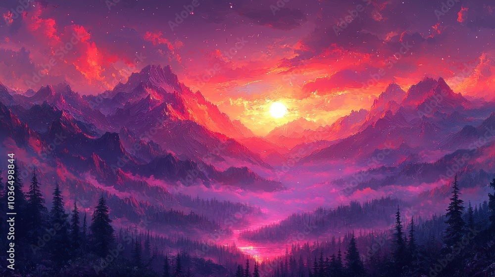 Obraz premium Majestic sunset over mountains with vibrant colors illuminating the serene valley below during twilight hours