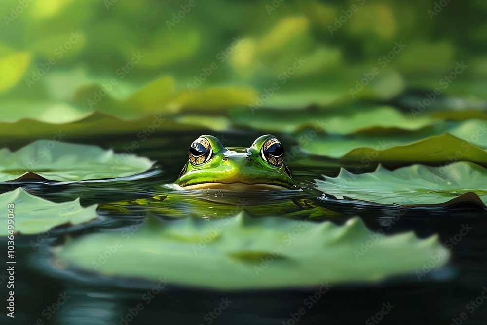 A green frog resting on lily pads in calm water, surrounded by vibrant greenery. A green frog resting on lily pads in calm water, surrounded by vibrant greenery.