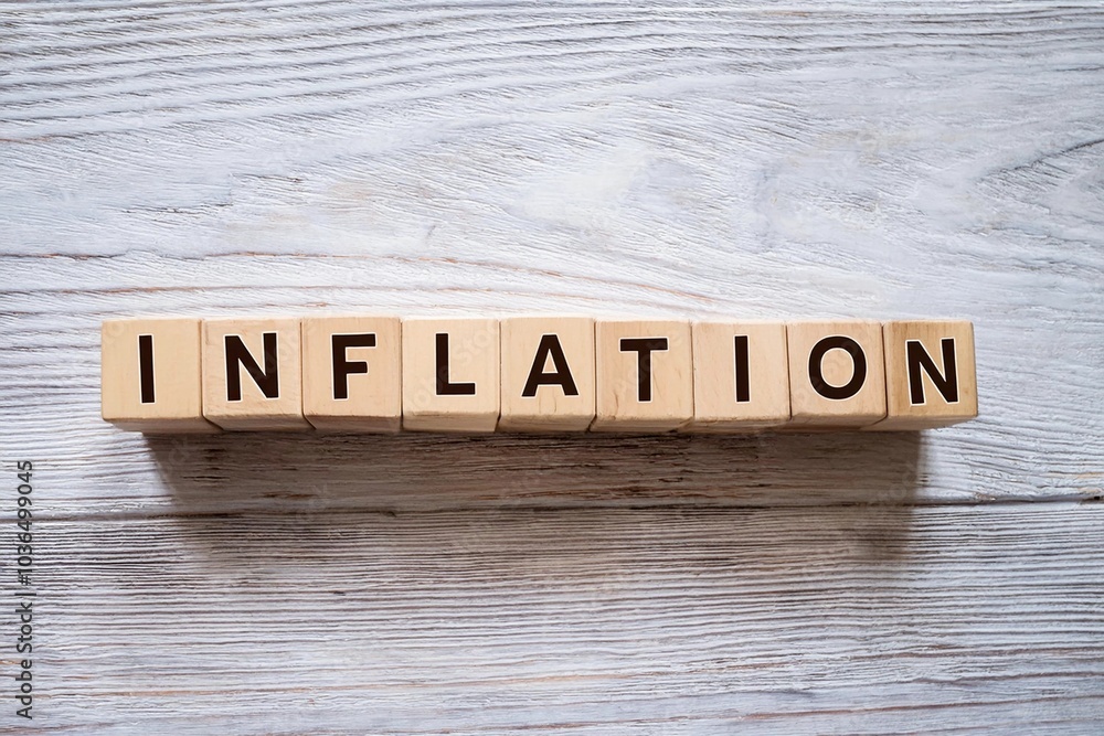 Fototapeta premium the word INFLATION written on small wooden blocks on white wooden background. Economy and financial concept 