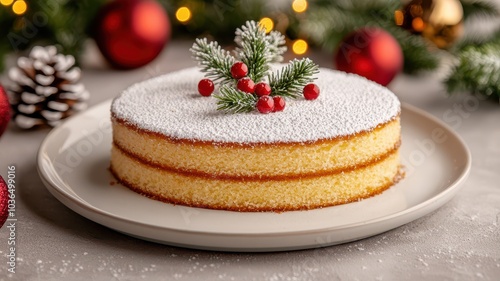 Wallpaper Mural A beautifully decorated cake topped with sprigs of greenery and red berries, set against a festive background of ornaments and pinecones. Torontodigital.ca