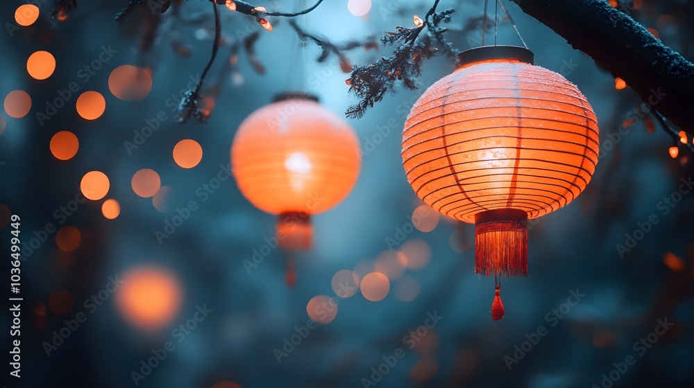 Fototapeta premium Red Chinese New Year mockup with hanging lanterns and festive red decorations