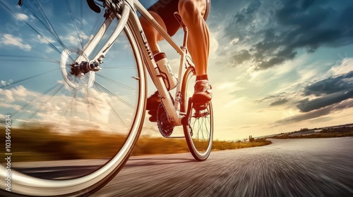 A close-up shot of a cyclist’s legs pedaling with force, muscles visibly tensed as they push forward on the bike photo